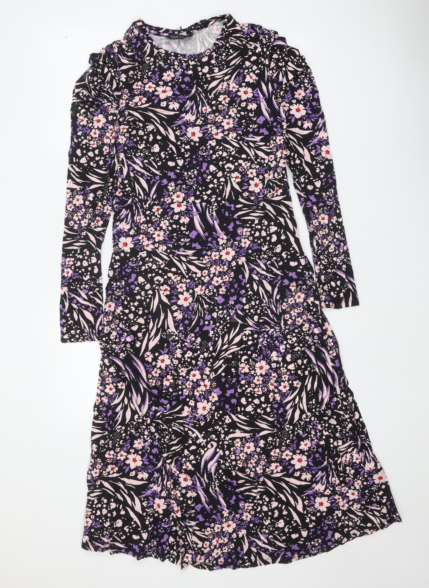 Marks and Spencer Womens Black Floral Viscose A-Line Size 10 Round Neck Pullover