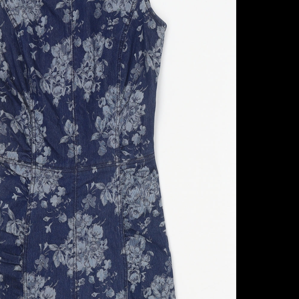 Phase Eight Womens Blue Floral Cotton Shift Size 8 Boat Neck Zip