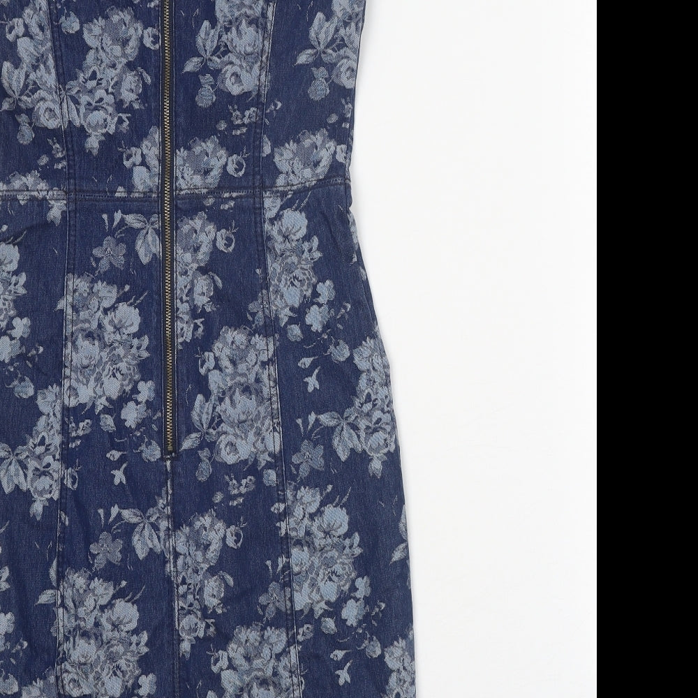 Phase Eight Womens Blue Floral Cotton Shift Size 8 Boat Neck Zip