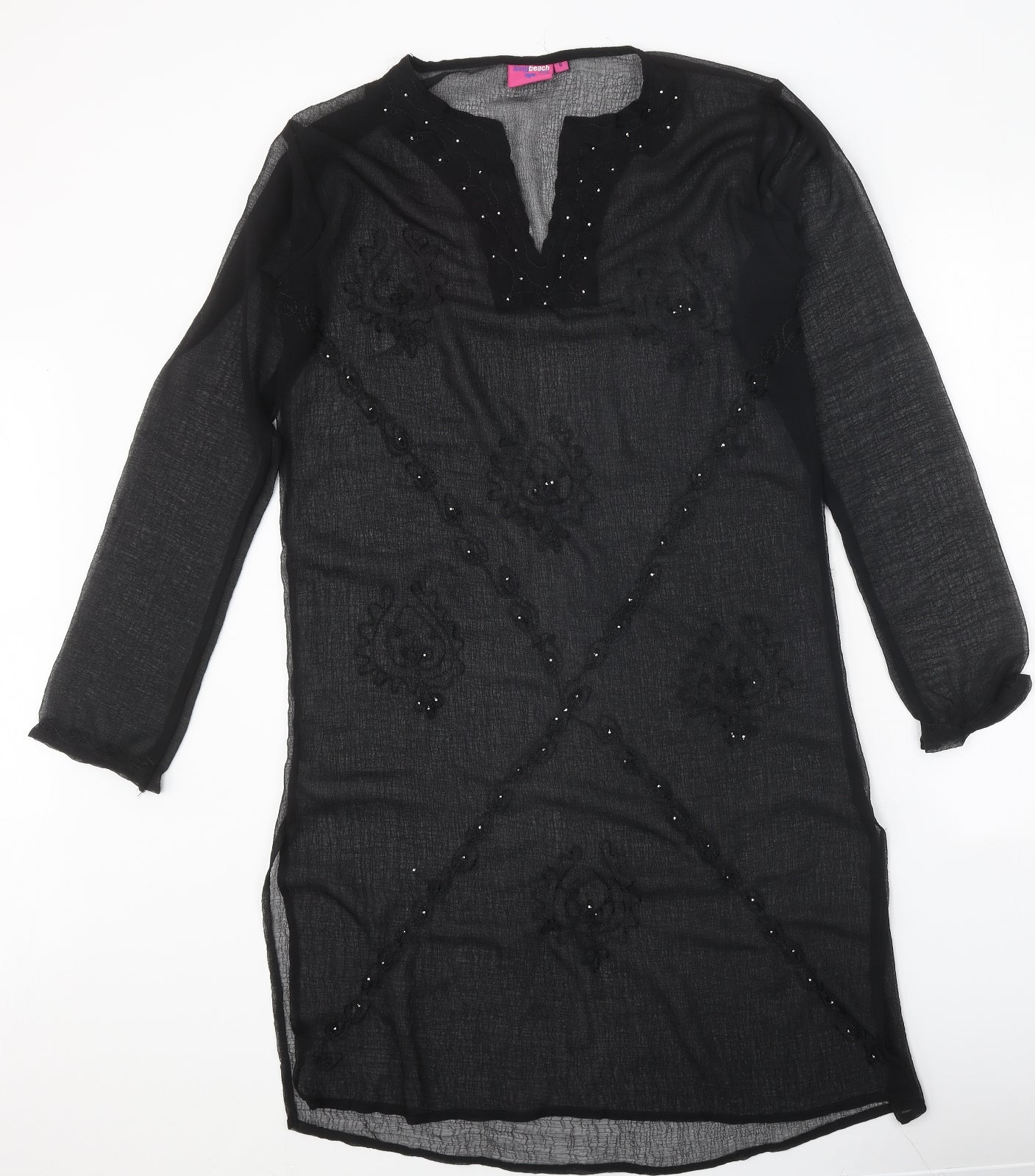 Long Beach Oceanic Womens Black Polyester Kaftan Size S V-Neck Pullover - Beach Cover Up