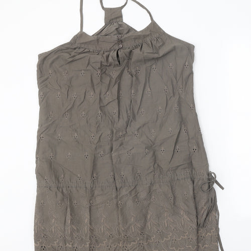 Warehouse Womens Brown 100% Cotton Slip Dress Size 16 Round Neck Drawstring - Broderie Anglaise
