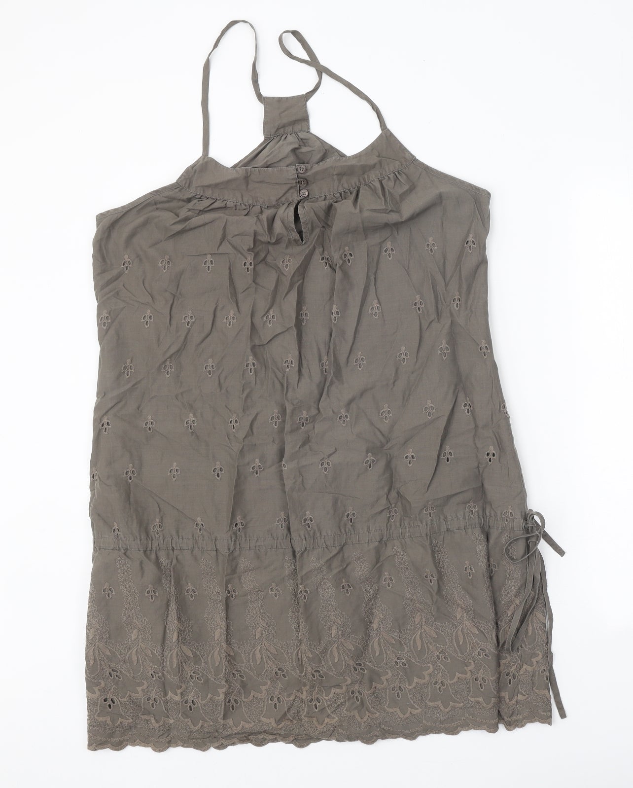 Warehouse Womens Brown 100% Cotton Slip Dress Size 16 Round Neck Drawstring - Broderie Anglaise