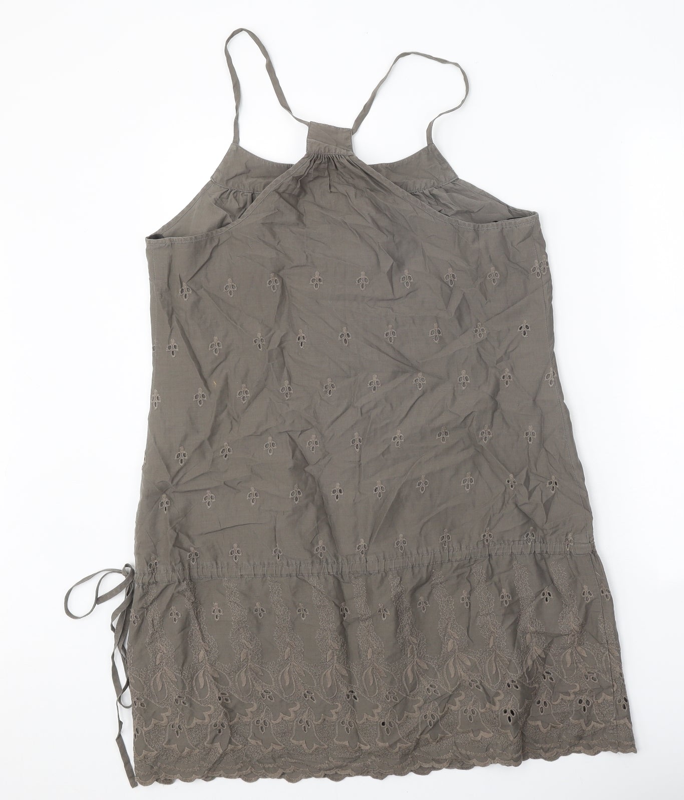 Warehouse Womens Brown 100% Cotton Slip Dress Size 16 Round Neck Drawstring - Broderie Anglaise