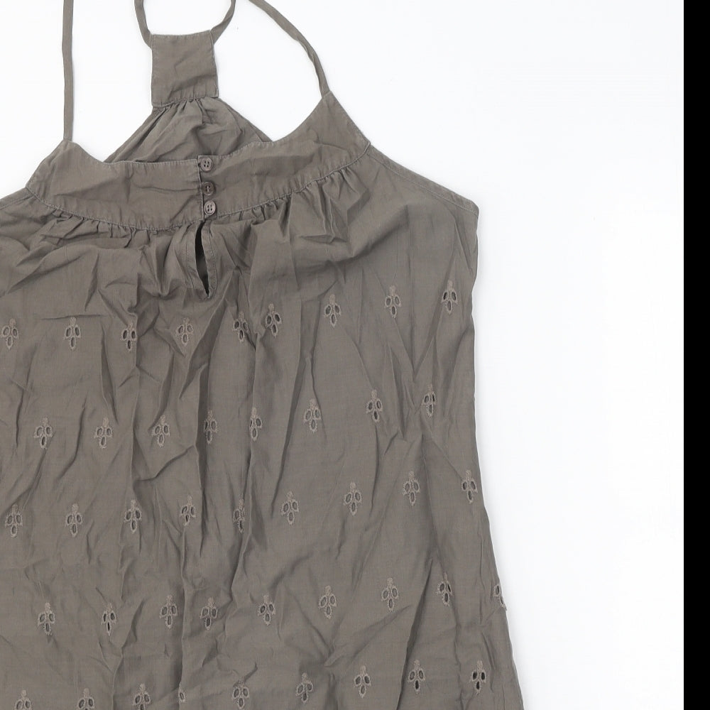 Warehouse Womens Brown 100% Cotton Slip Dress Size 16 Round Neck Drawstring - Broderie Anglaise