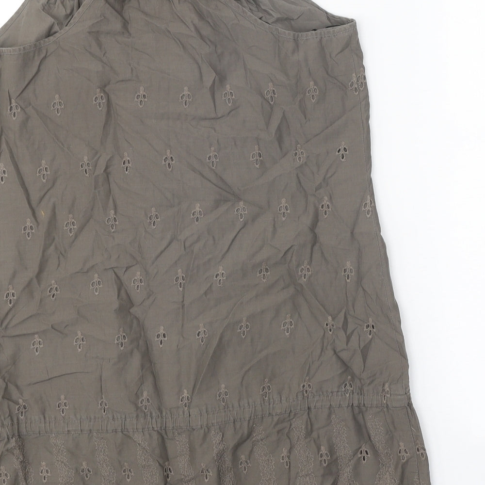 Warehouse Womens Brown 100% Cotton Slip Dress Size 16 Round Neck Drawstring - Broderie Anglaise