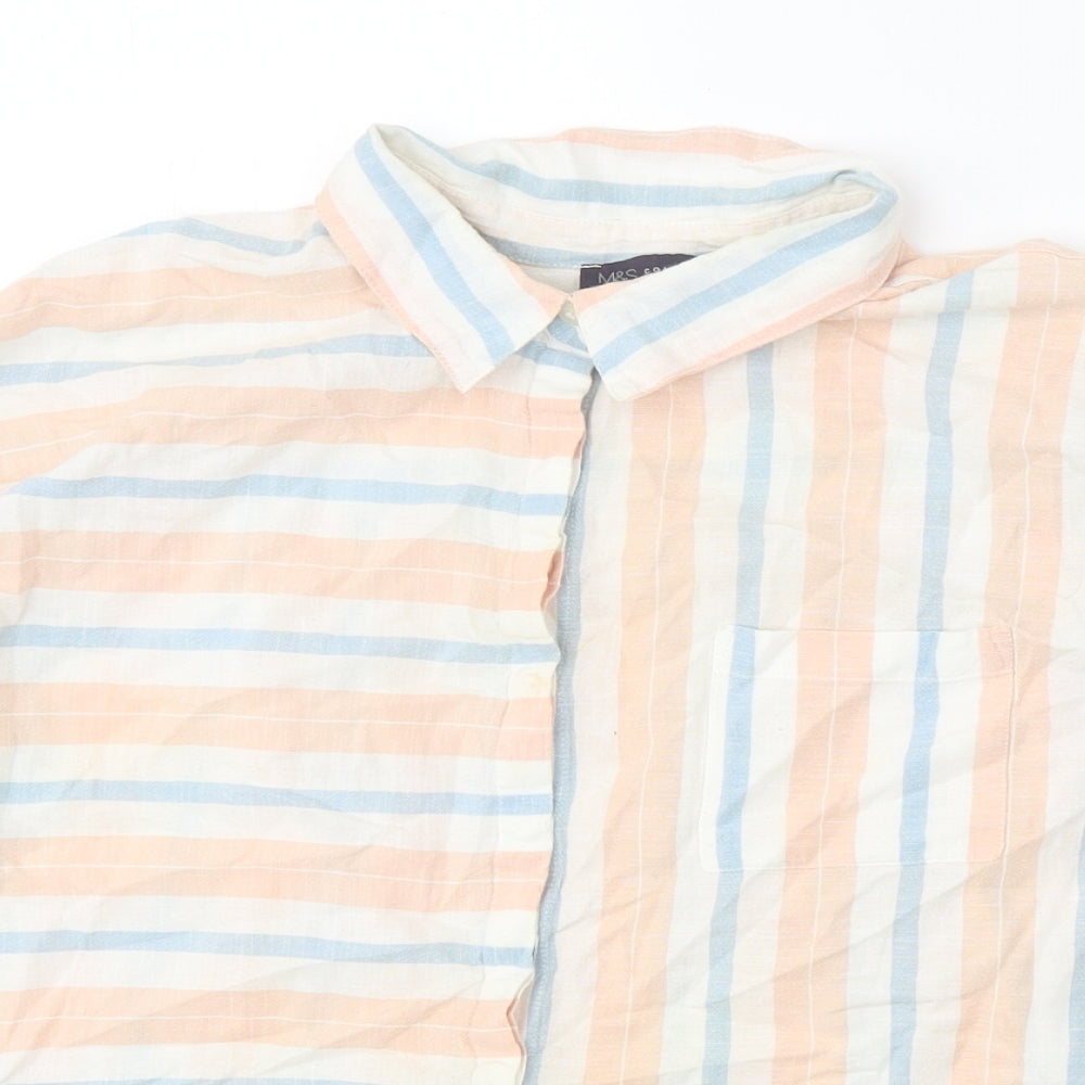 Marks and Spencer Womens Orange Striped Cotton Basic Button-Up Size 16 Collared - Box Fit