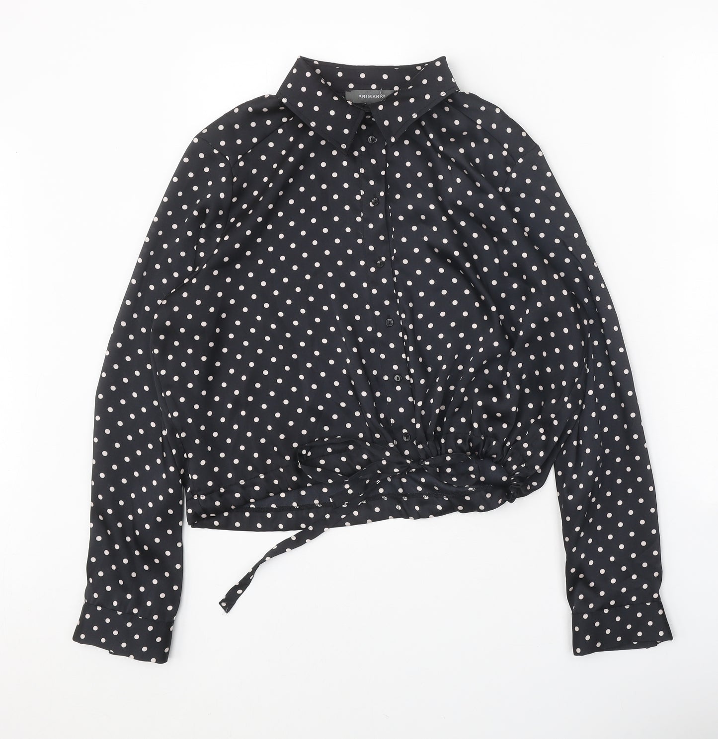 Primark Womens Black Polka Dot Polyester Cropped Button-Up Size 14 Collared - Drawstring Waist