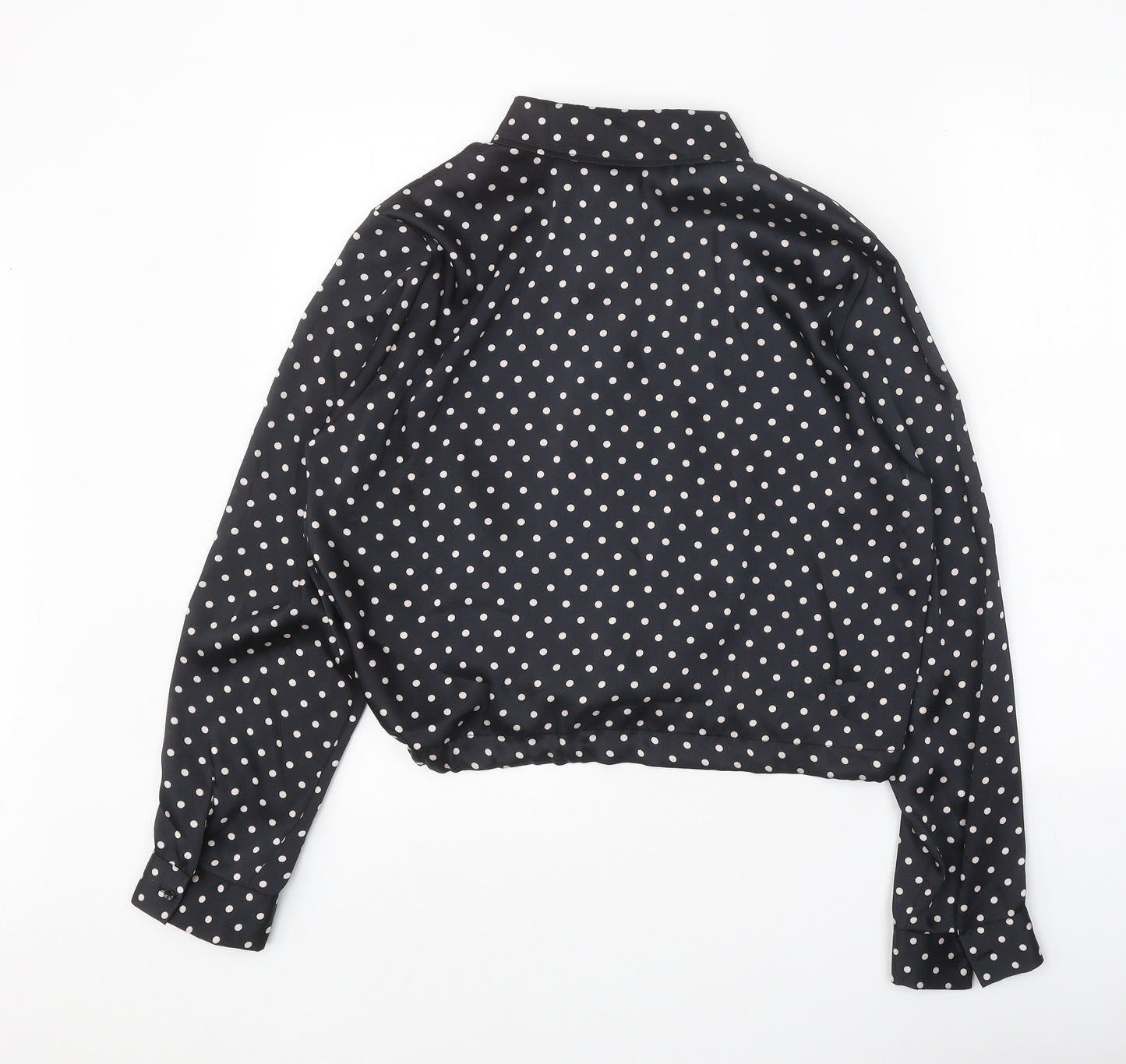 Primark Womens Black Polka Dot Polyester Cropped Button-Up Size 14 Collared - Drawstring Waist