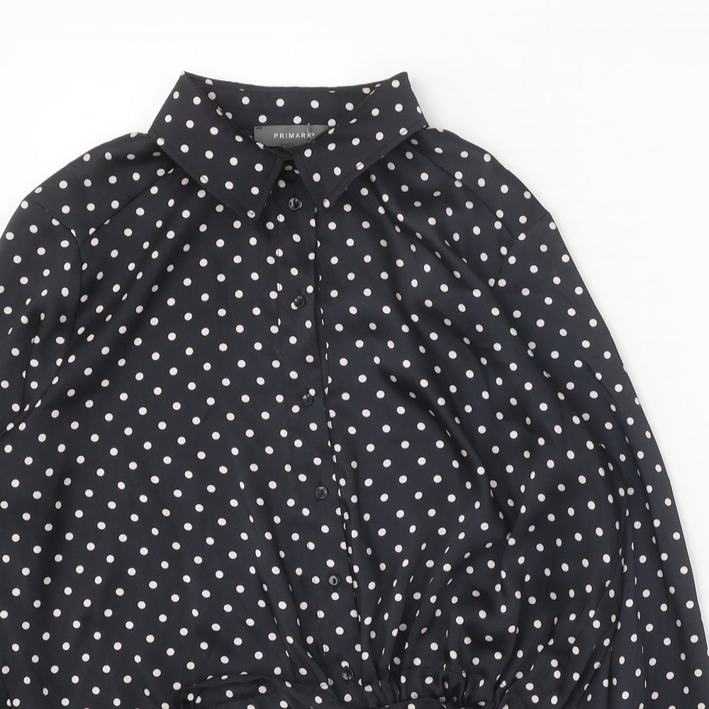 Primark Womens Black Polka Dot Polyester Cropped Button-Up Size 14 Collared - Drawstring Waist