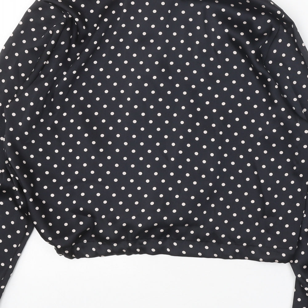 Primark Womens Black Polka Dot Polyester Cropped Button-Up Size 14 Collared - Drawstring Waist