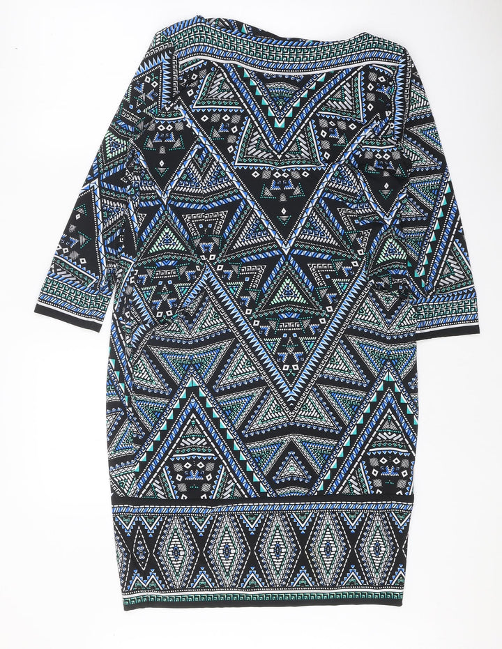 M&Co Womens Black Geometric Polyester A-Line Size 12 Boat Neck Pullover
