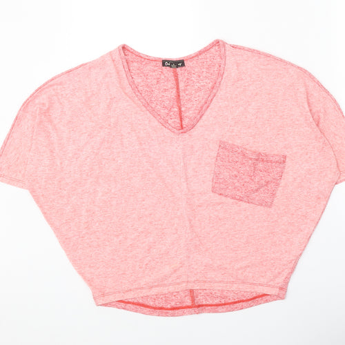 One Step Up Womens Pink Polyester Cropped T-Shirt Size L V-Neck
