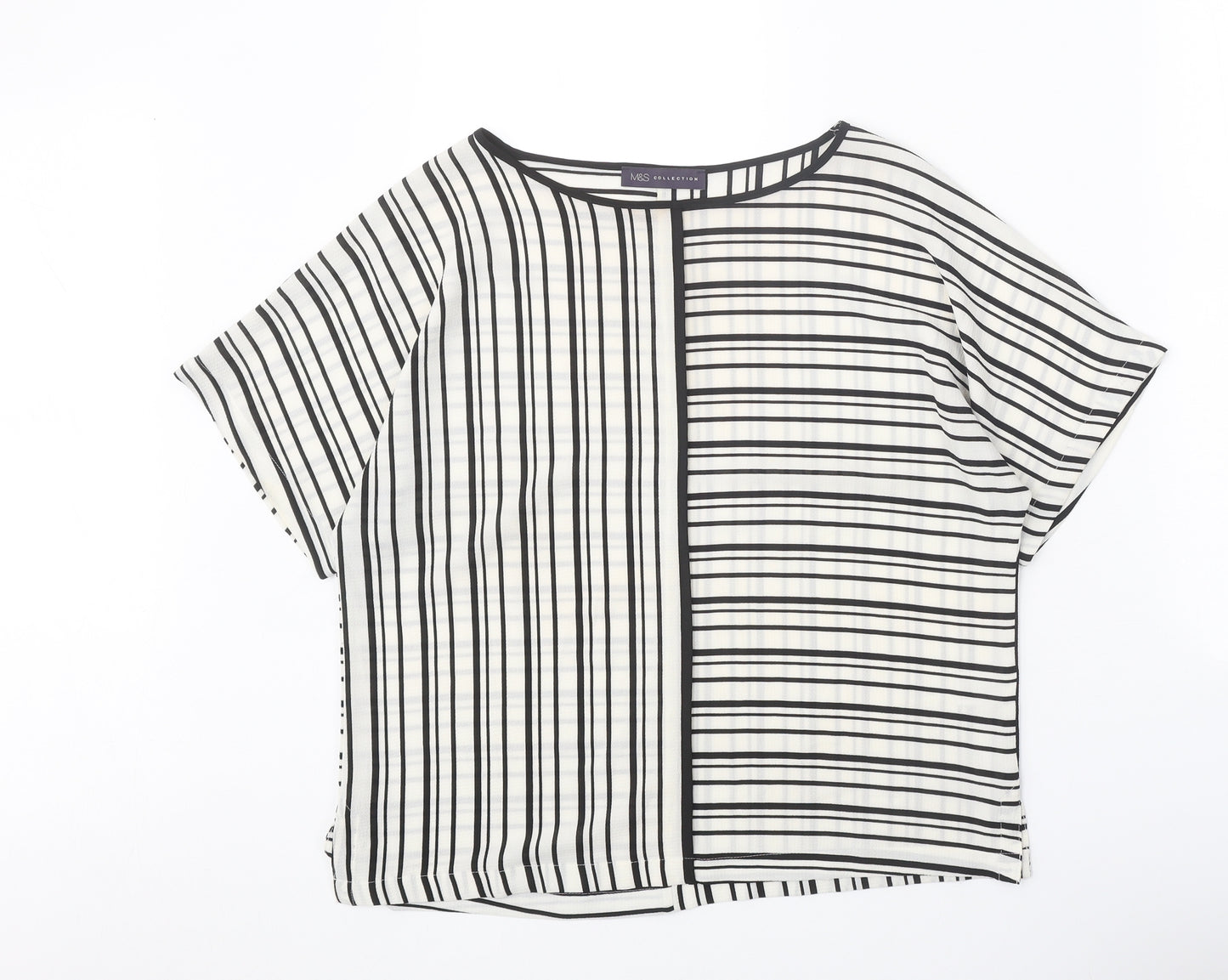 Marks and Spencer Womens White Striped Polyester Basic Blouse Size 10 Boat Neck