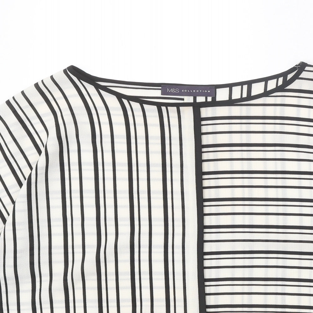 Marks and Spencer Womens White Striped Polyester Basic Blouse Size 10 Boat Neck