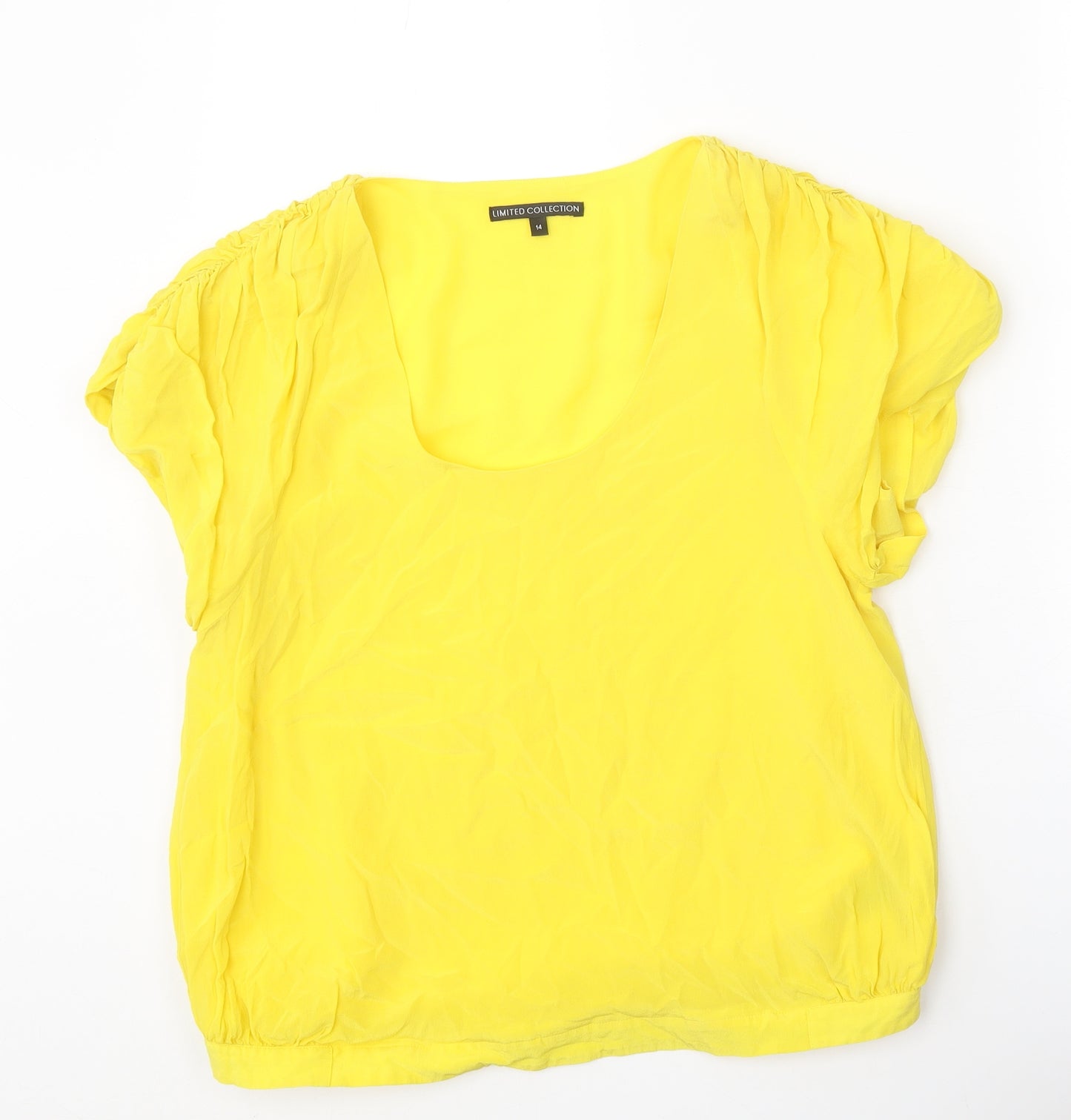 Limited Collection Womens Yellow Silk Basic T-Shirt Size 14 Scoop Neck - Ruched Sleeve