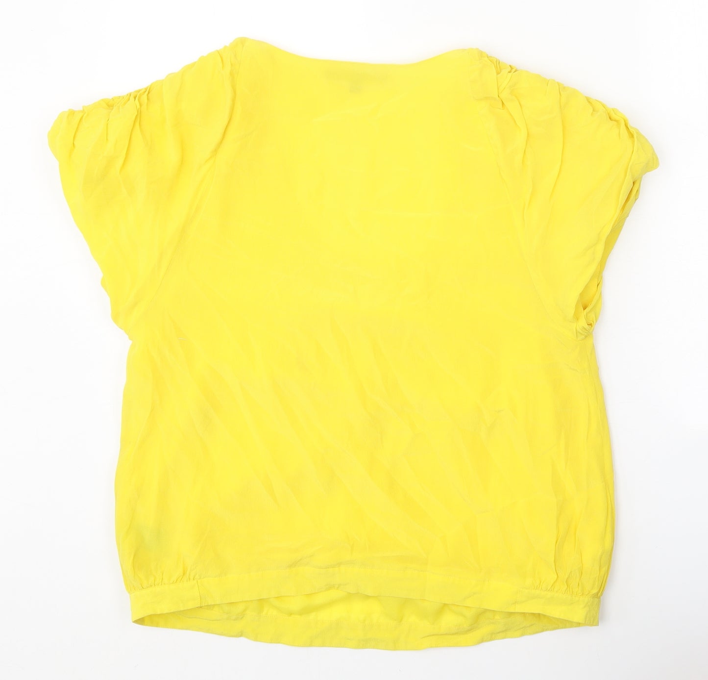 Limited Collection Womens Yellow Silk Basic T-Shirt Size 14 Scoop Neck - Ruched Sleeve