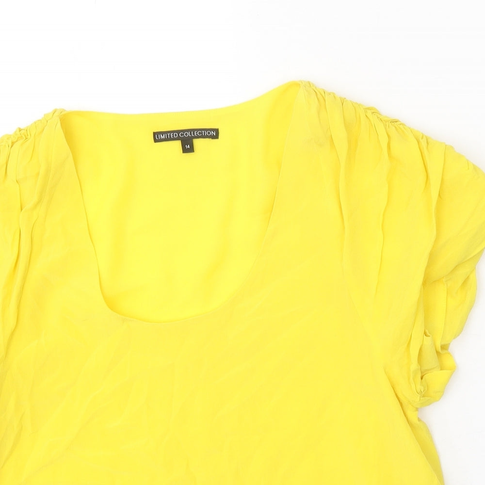 Limited Collection Womens Yellow Silk Basic T-Shirt Size 14 Scoop Neck - Ruched Sleeve
