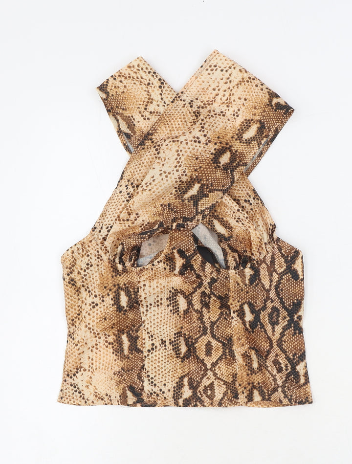 PRETTYLITTLETHING Womens Brown Animal Print Polyester Cropped Tank Size 6 Sweetheart - Snake Skin Print