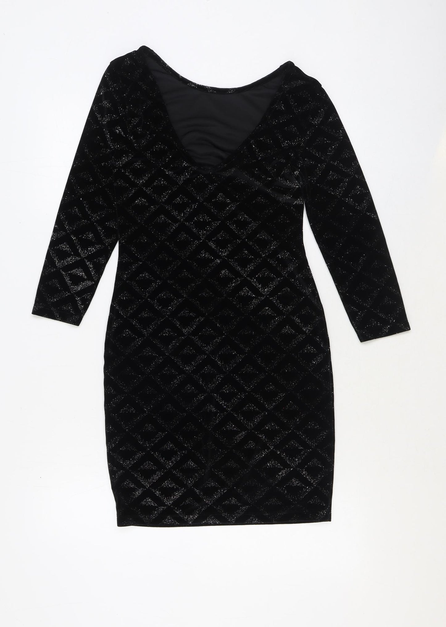 Warehouse Womens Black Geometric Polyester Bodycon Size 8 Scoop Neck Pullover