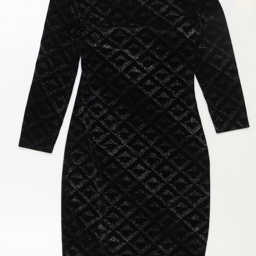 Warehouse Womens Black Geometric Polyester Bodycon Size 8 Scoop Neck Pullover