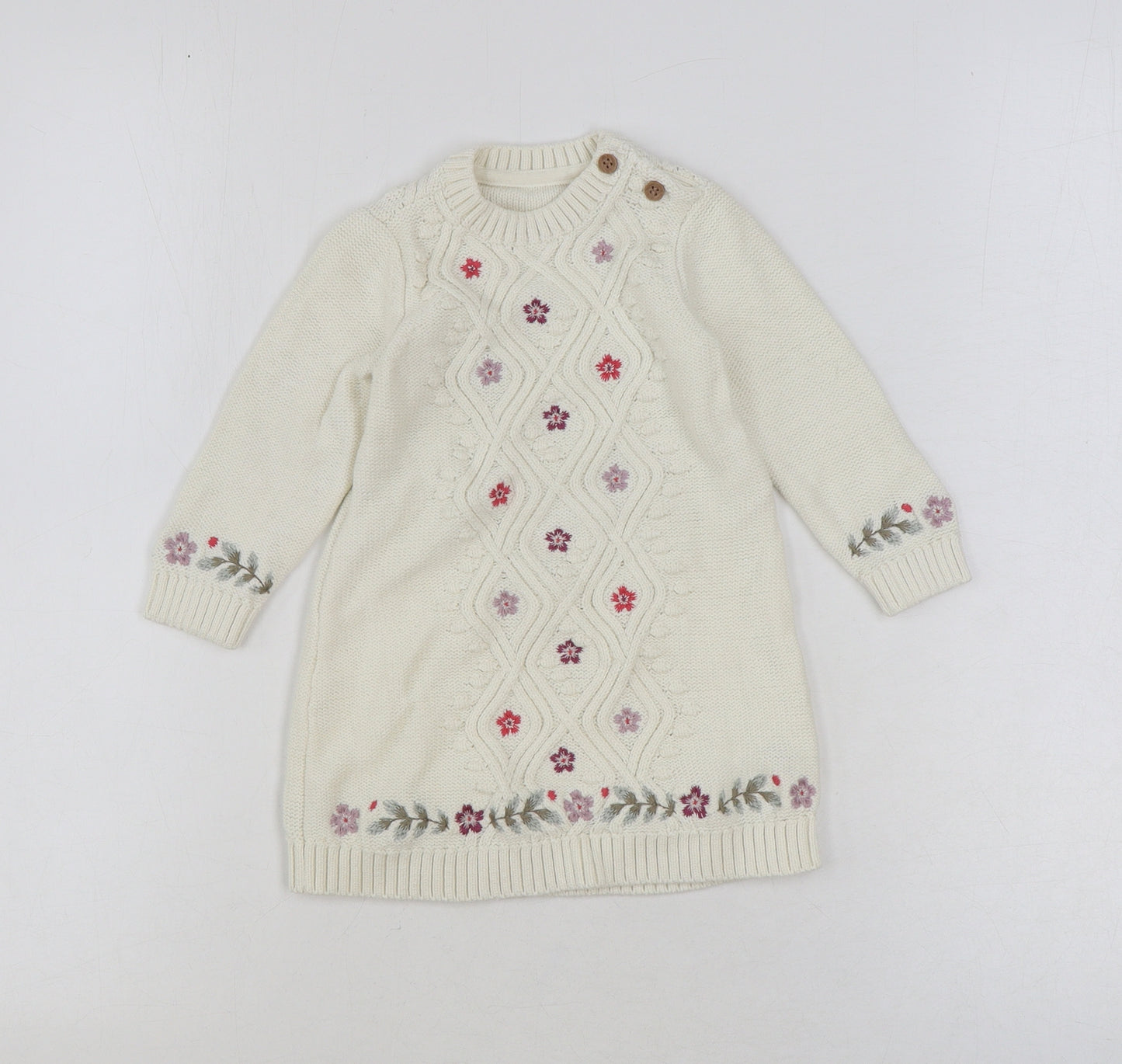 Preworn Girls Ivory 100% Cotton Jumper Dress Size 9-12 Months Round Neck Button