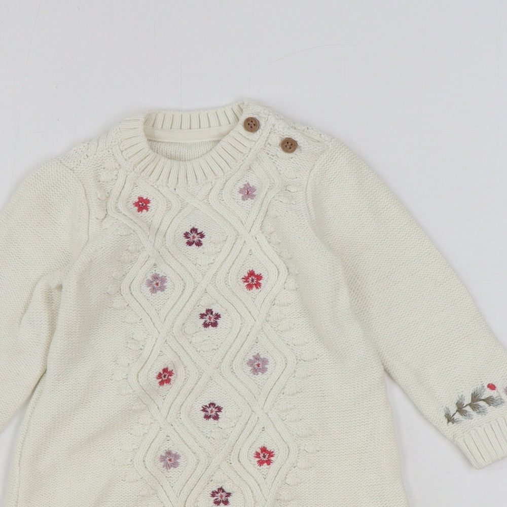 Preworn Girls Ivory 100% Cotton Jumper Dress Size 9-12 Months Round Neck Button