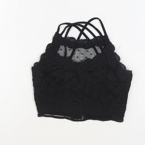 River Island Womens Black Floral Polyester Cropped Tank Size 6 Scoop Neck - Cross Back Strap Detail