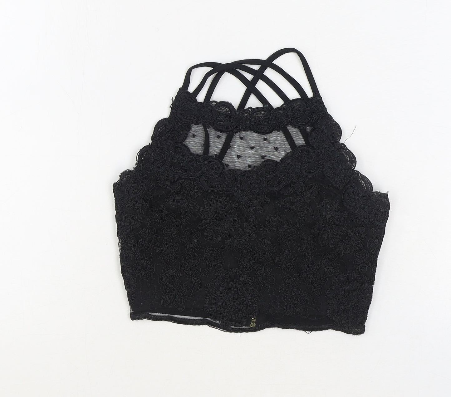 River Island Womens Black Floral Polyester Cropped Tank Size 6 Scoop Neck - Cross Back Strap Detail