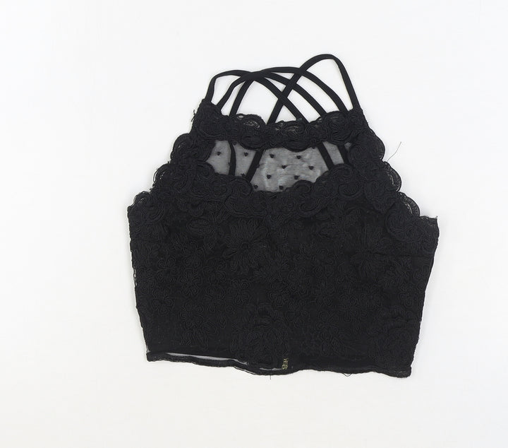 River Island Womens Black Floral Polyester Cropped Tank Size 6 Scoop Neck - Cross Back Strap Detail