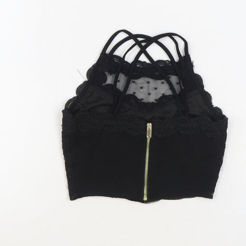 River Island Womens Black Floral Polyester Cropped Tank Size 6 Scoop Neck - Cross Back Strap Detail