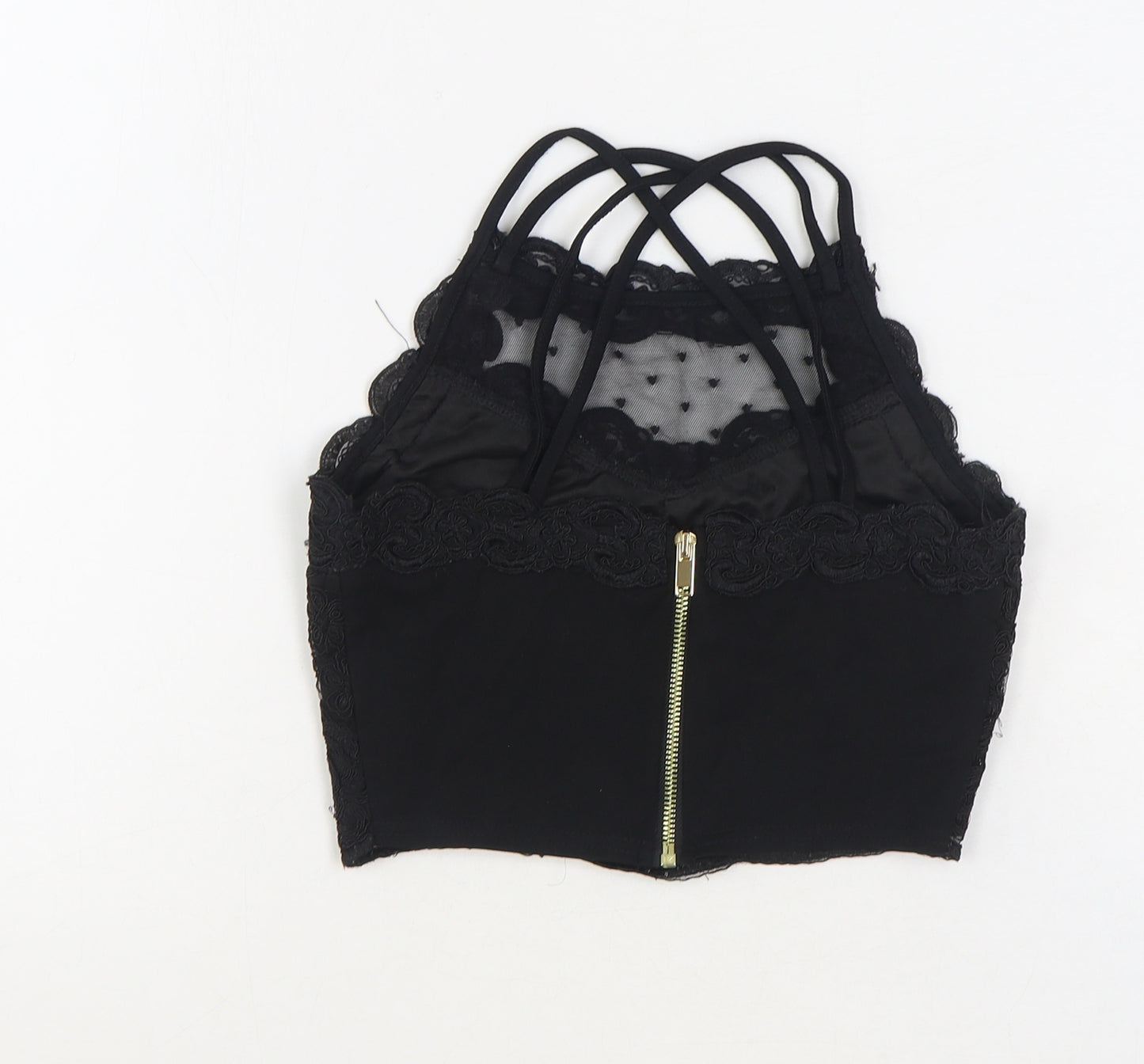 River Island Womens Black Floral Polyester Cropped Tank Size 6 Scoop Neck - Cross Back Strap Detail