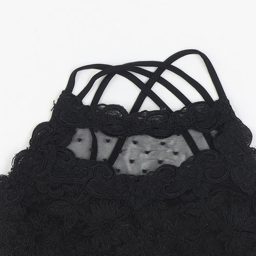 River Island Womens Black Floral Polyester Cropped Tank Size 6 Scoop Neck - Cross Back Strap Detail