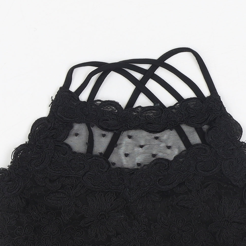 River Island Womens Black Floral Polyester Cropped Tank Size 6 Scoop Neck - Cross Back Strap Detail