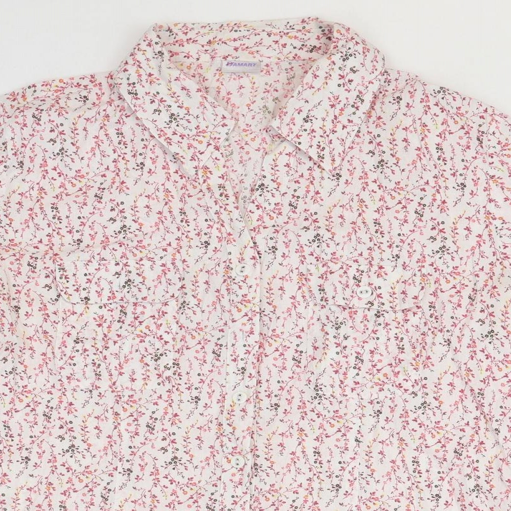 Damart Womens Pink Floral Cotton Basic Button-Up Size 12 Collared