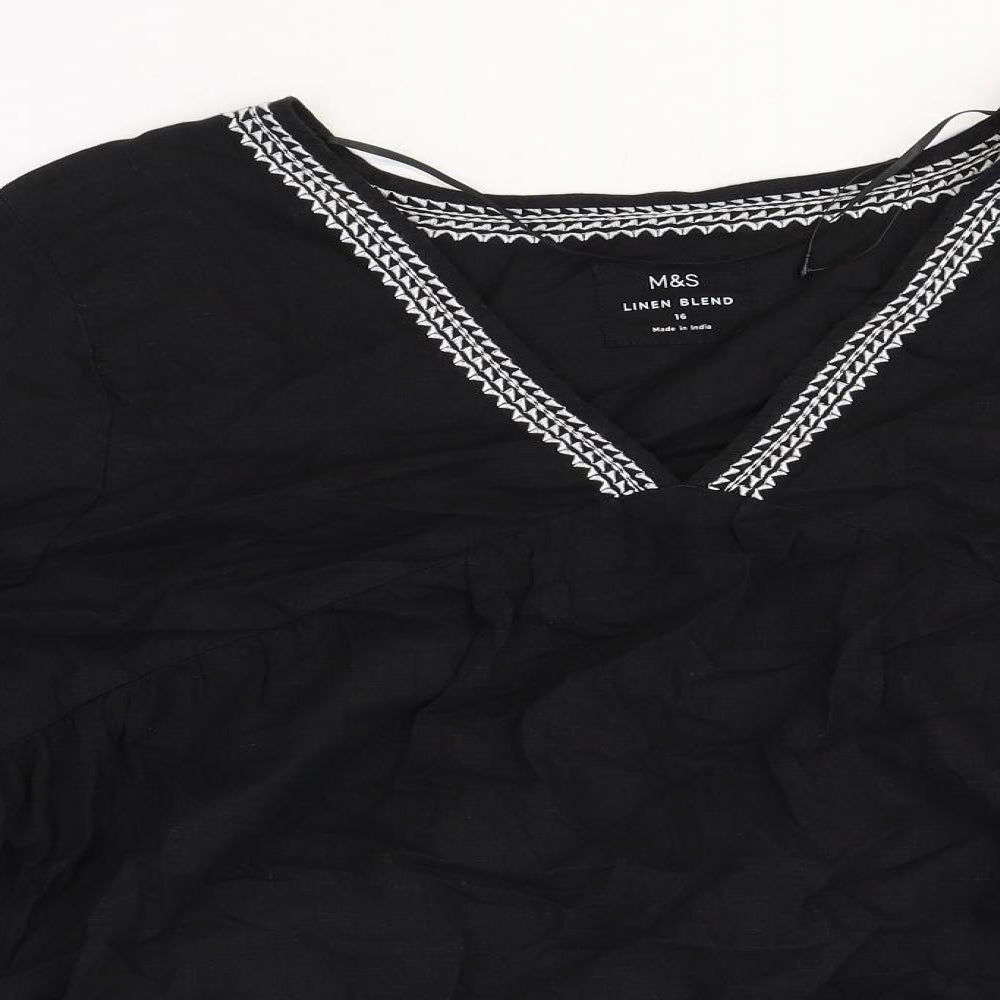 Marks and Spencer Womens Black Flax Basic Blouse Size 16 V-Neck