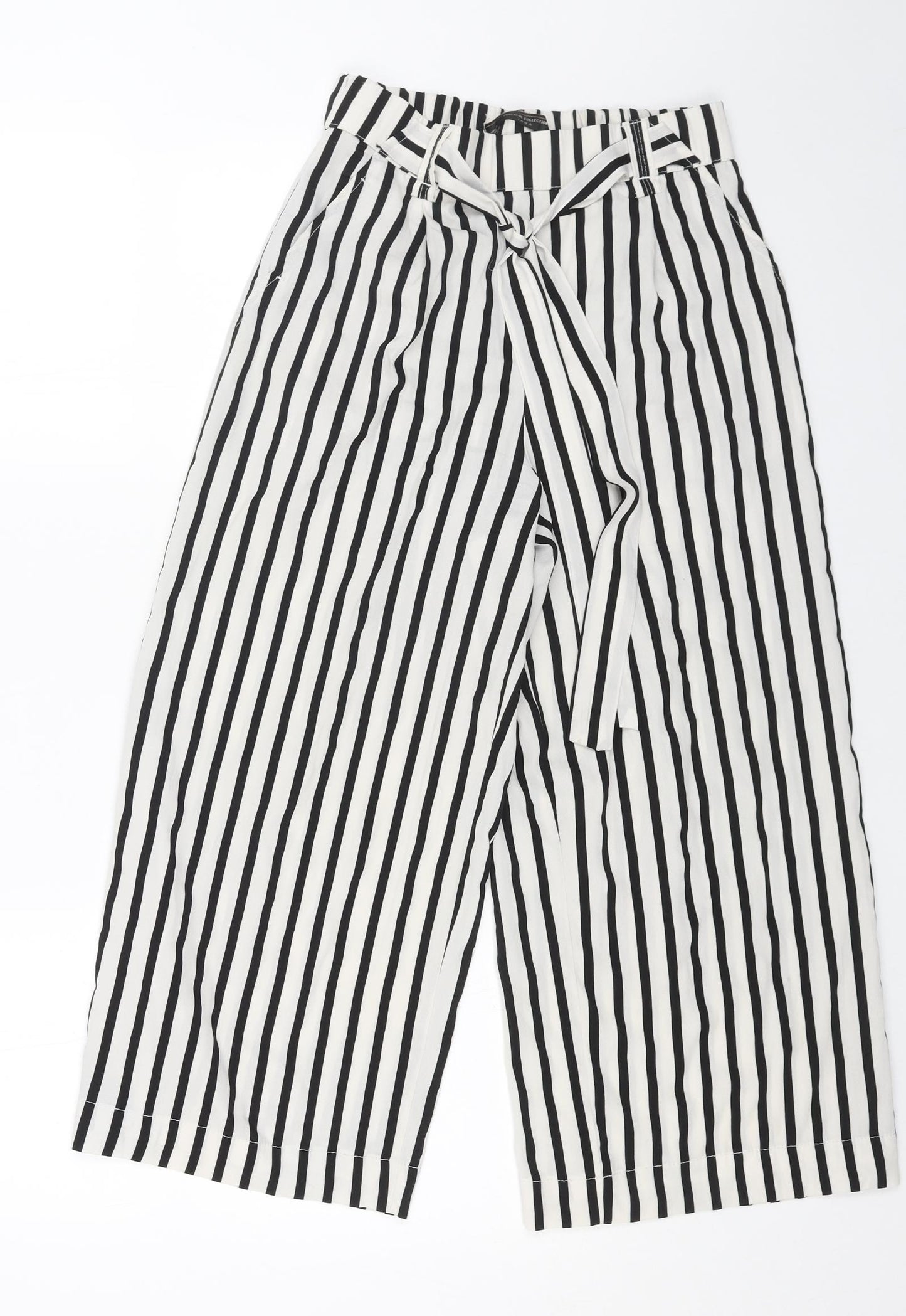 Zara Womens Black Striped Polyester Cropped Trousers Size XS Regular Tie