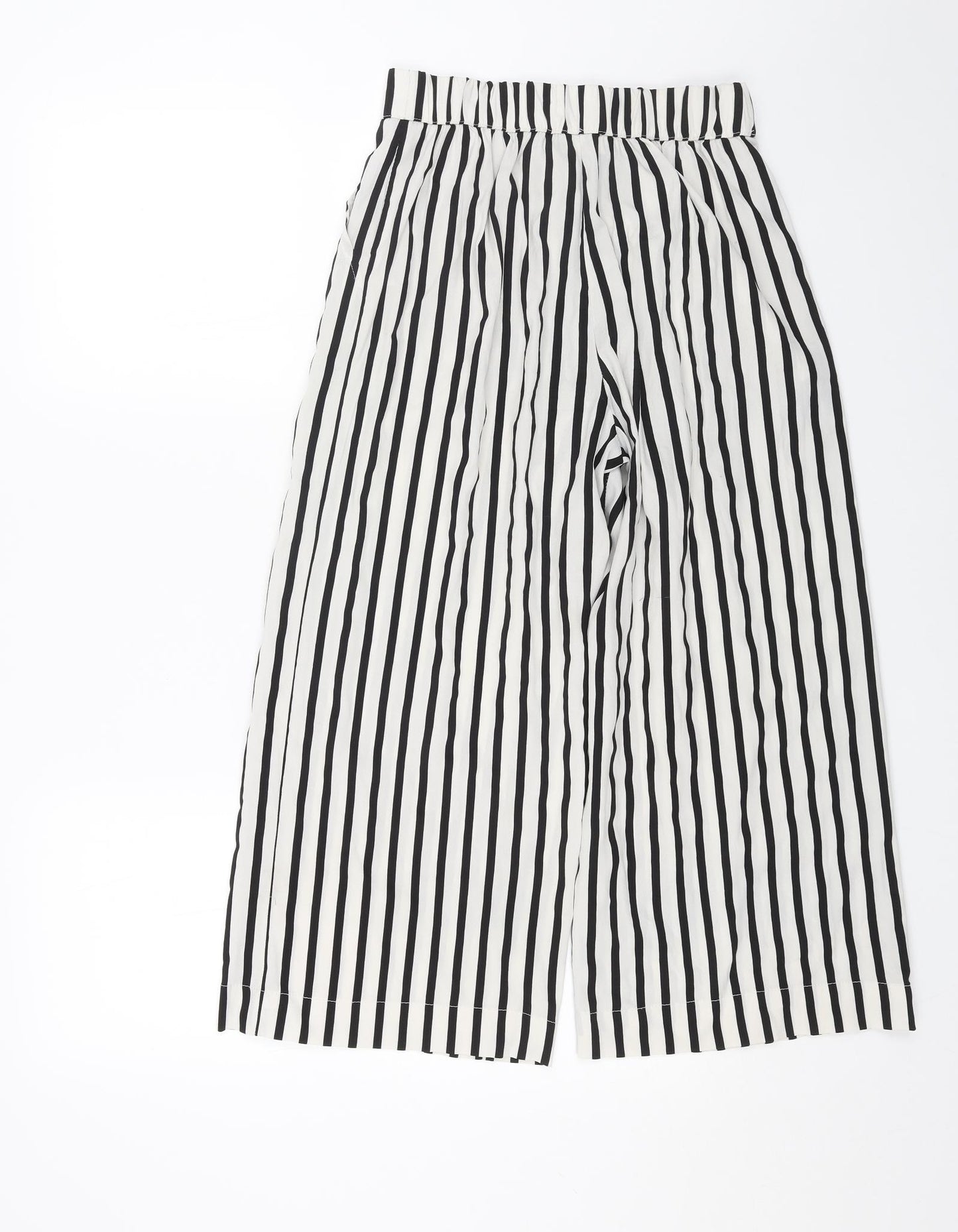 Zara Womens Black Striped Polyester Cropped Trousers Size XS Regular Tie