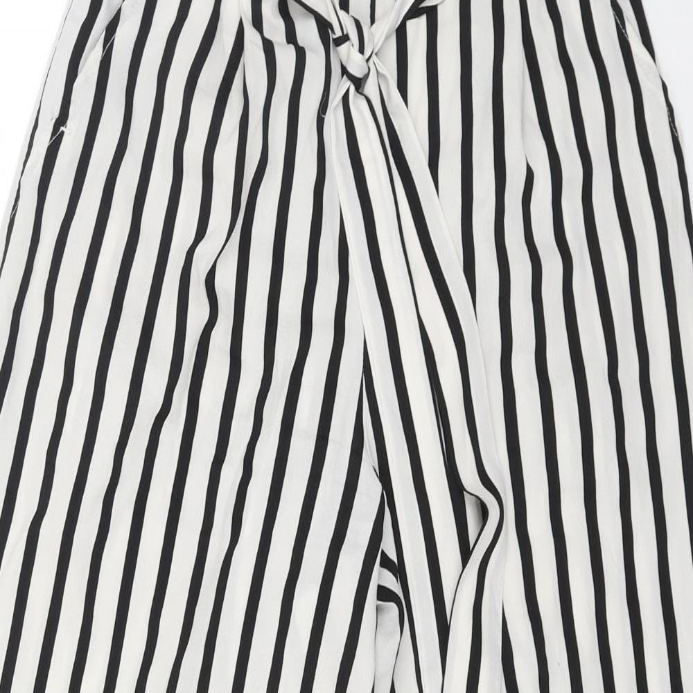 Zara Womens Black Striped Polyester Cropped Trousers Size XS Regular Tie