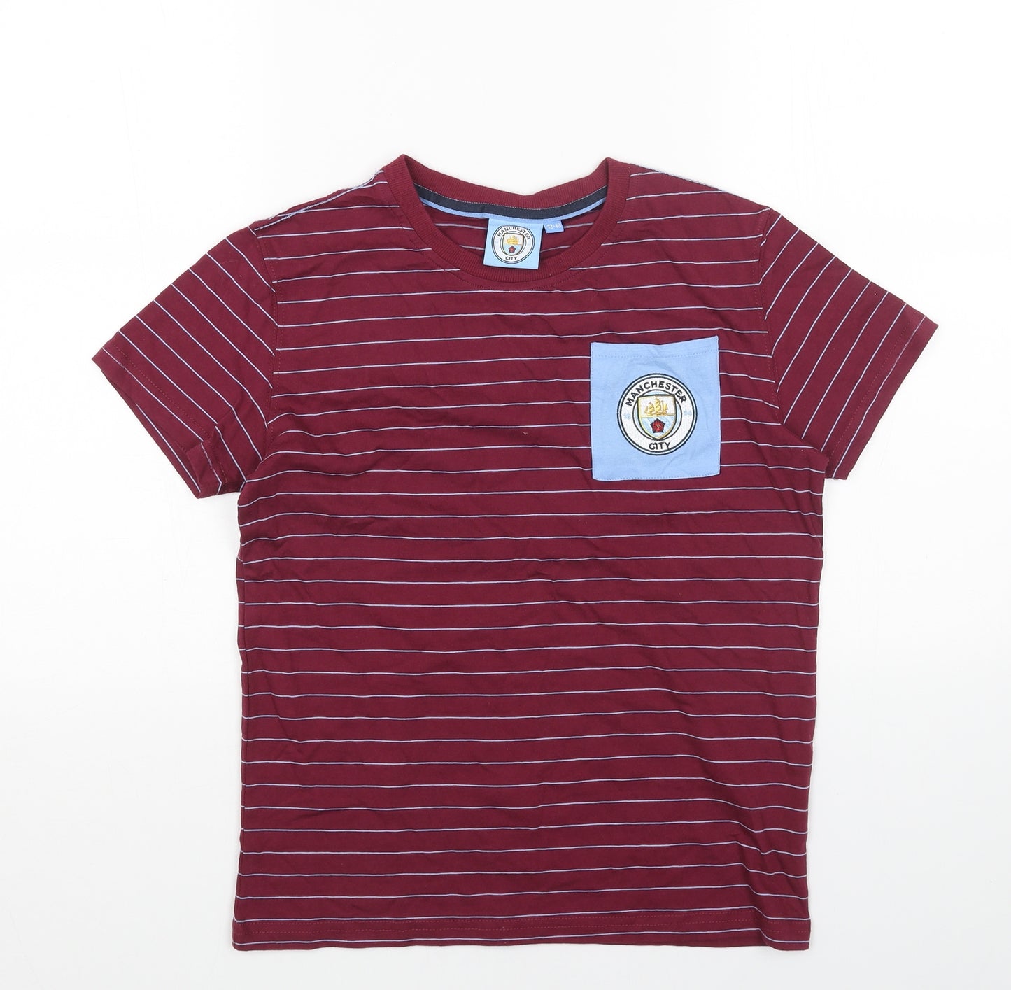 Manchester City FC Boys Red Striped Cotton Basic T-Shirt Size 12-13 Years Round Neck Pullover