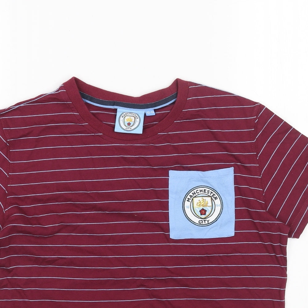 Manchester City FC Boys Red Striped Cotton Basic T-Shirt Size 12-13 Years Round Neck Pullover