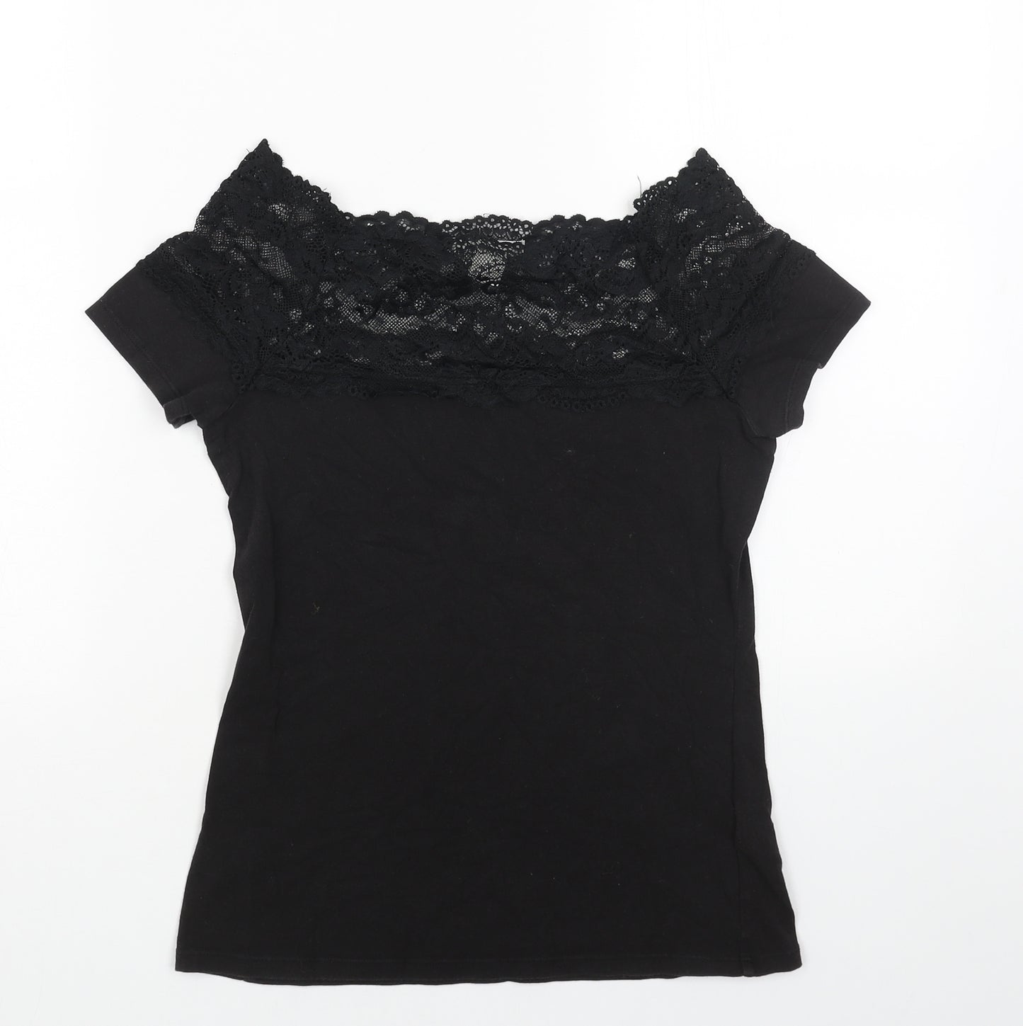 H&M Womens Black Cotton Basic T-Shirt Size S Boat Neck - Lace Trim