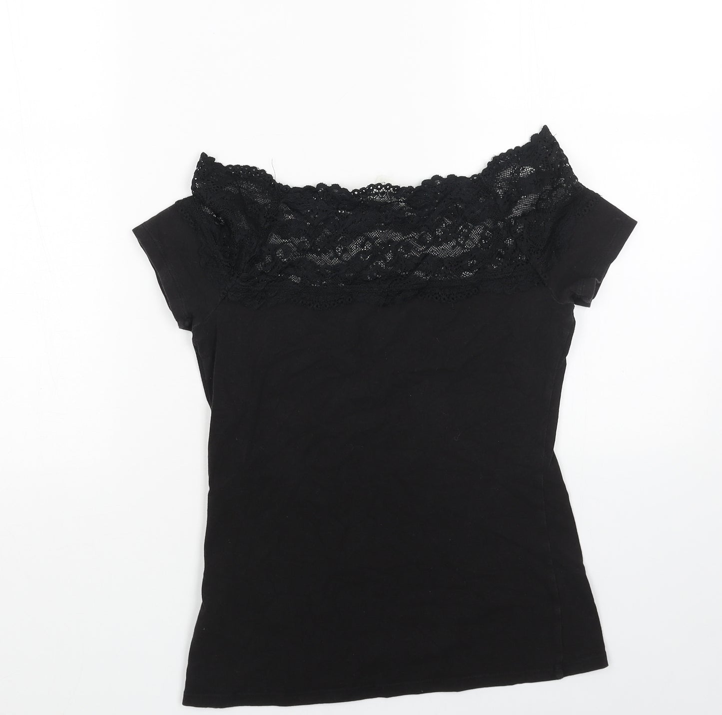 H&M Womens Black Cotton Basic T-Shirt Size S Boat Neck - Lace Trim