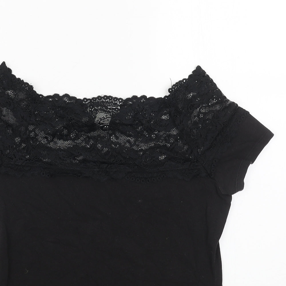 H&M Womens Black Cotton Basic T-Shirt Size S Boat Neck - Lace Trim