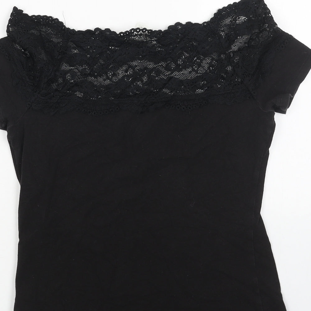 H&M Womens Black Cotton Basic T-Shirt Size S Boat Neck - Lace Trim