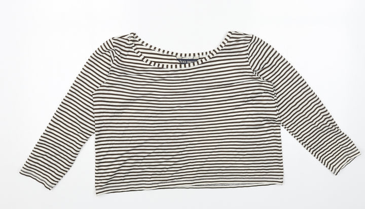 French Connection Womens White Striped Polyester Cropped Blouse Size S Boat Neck