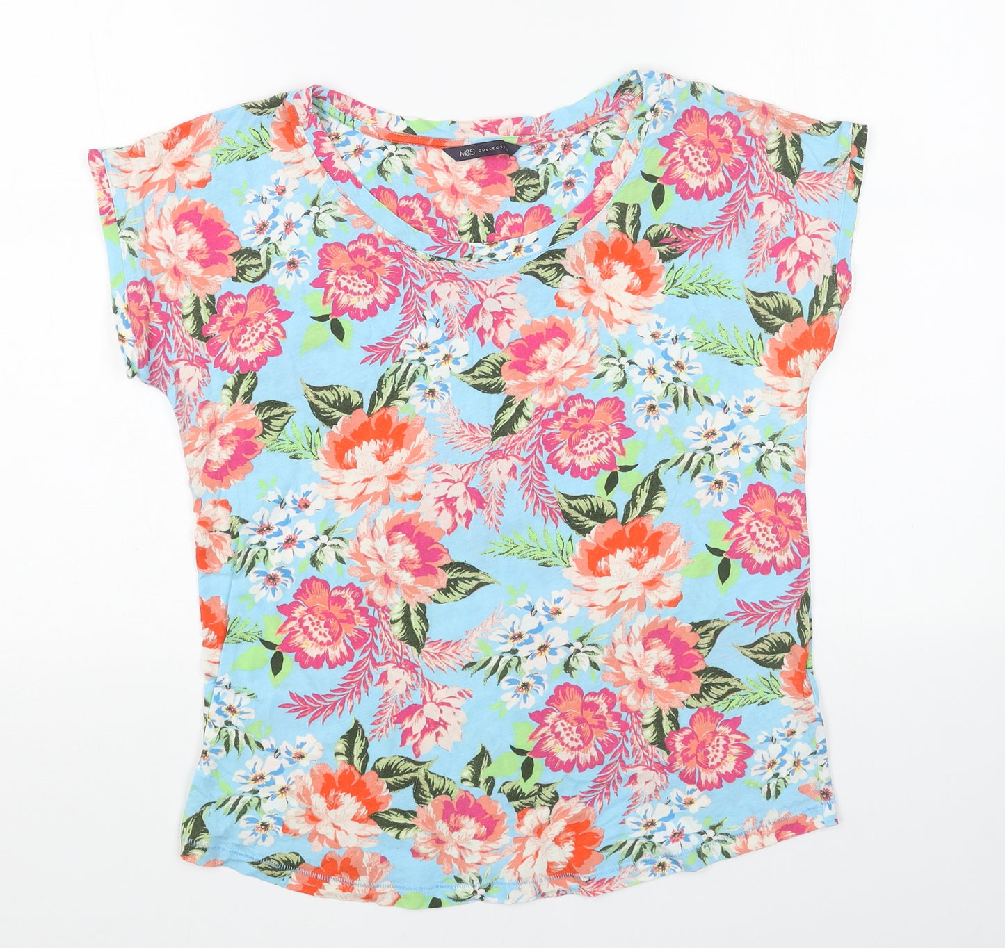Marks and Spencer Womens Blue Floral Cotton Basic T-Shirt Size 12 Scoop Neck