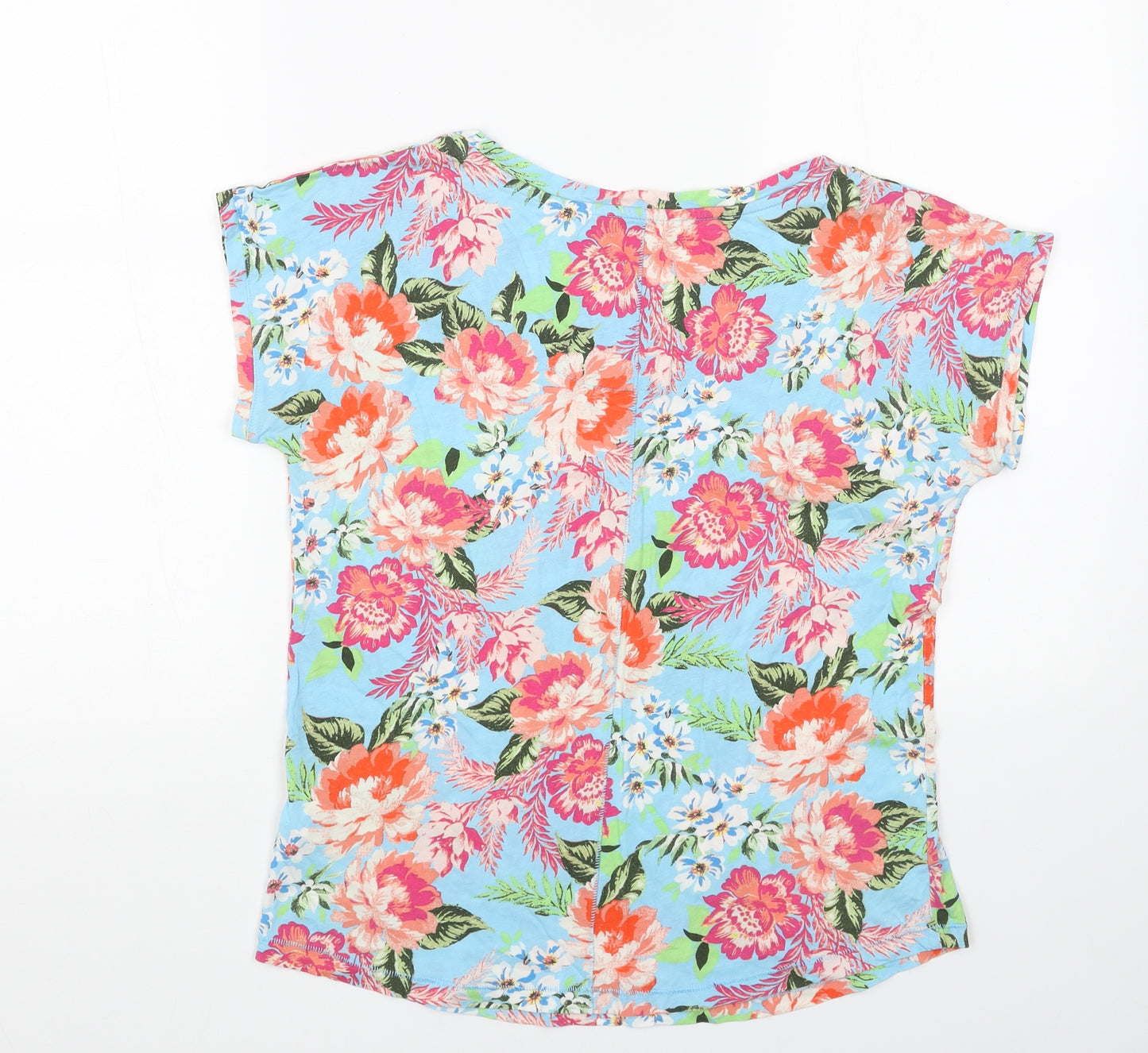 Marks and Spencer Womens Blue Floral Cotton Basic T-Shirt Size 12 Scoop Neck