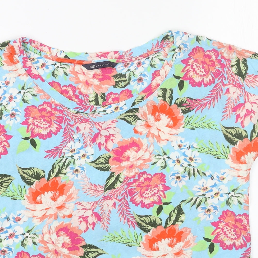 Marks and Spencer Womens Blue Floral Cotton Basic T-Shirt Size 12 Scoop Neck
