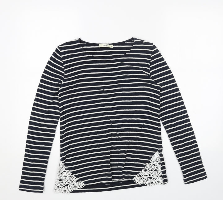Oasis Womens Blue Striped Cotton Basic Blouse Size S Boat Neck - Crochet Detail