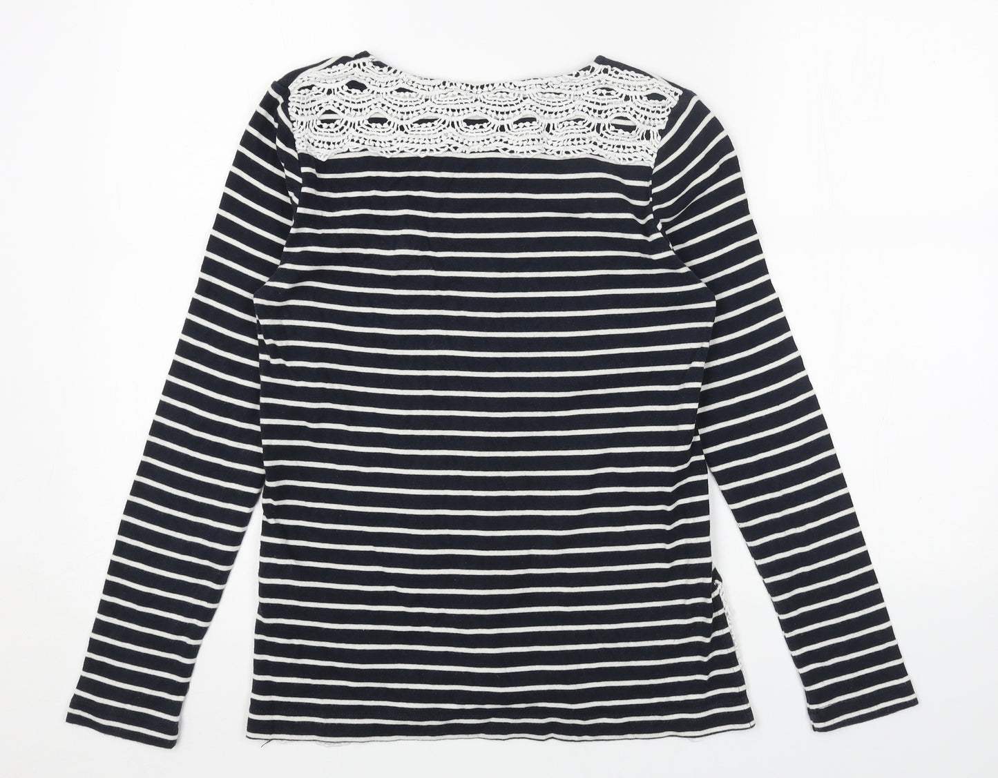 Oasis Womens Blue Striped Cotton Basic Blouse Size S Boat Neck - Crochet Detail